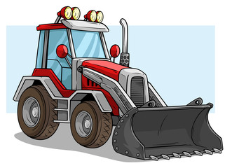Cartoon wheel front loader bulldozer with shovel