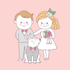 Cartoon cute Bride and groom and dog vector.