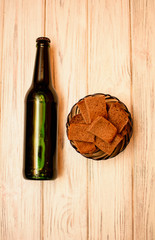 Beer set, beer, crackers, bread, bottle, bottle opener, beer glass, beer bottle