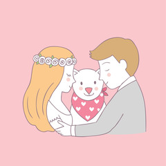 Cartoon cute Bride kiss groom and dog vector.
