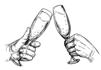 Hands holding  glasses with champagne. Hand drawn illustration converted to vector