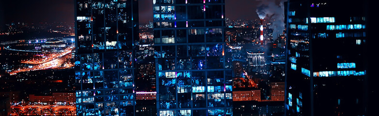 landscape skyscrapers night / business center in a night landscape, winter lights in the windows of...