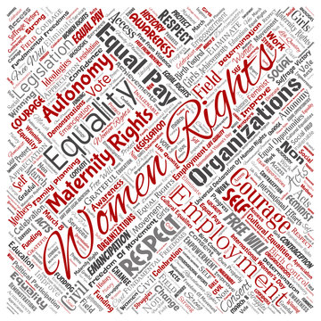 Vector conceptual women rights, equality, free-will square red word cloud isolated background. Collage of feminism, empowerment,  opportunities, awareness, courage, education, respect concept