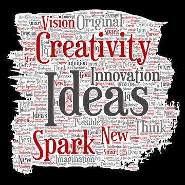 Vector Concept Or Conceptual Creative Idea Brainstorming Paint Brush Paper Word Cloud Isolated Background. Collage Of Spark Creativity Original, Innovation Vision, Think, Achievement Or Smart Genius