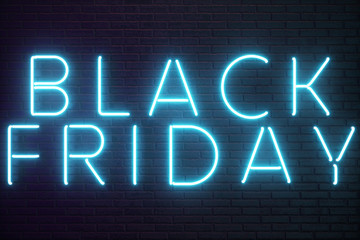Black Friday - Friday with a big sale. Sales, joy, success. Blue Glow Neon banner, discounts. 3D illustration