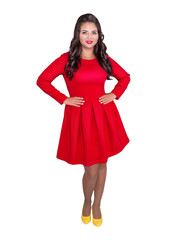 Beautiful happy plus size woman in red dress isolated