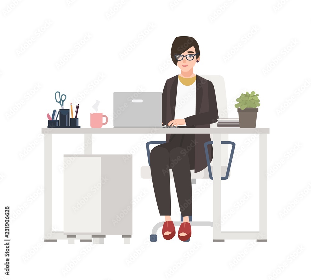 Aufkleber smiling woman working at office. female clerk dressed in smart clothes sitting in chair at desk with