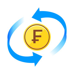 スイスフラン通貨コインアイコン青色矢印ベクターイラスト