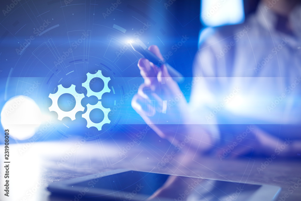 Poster gears icon on virtual screen with empty space for text. automation, business process and technology 