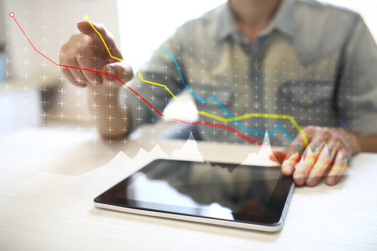 Graphs on virtual screen. Financial, Business growth. Income, Profit or cost charts.