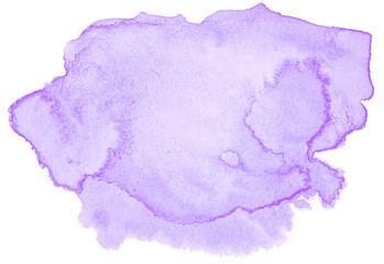 Lilac pastel watercolor hand-drawn isolated wash stain on white background for text, design. Abstract texture made by brush for wallpaper, label.