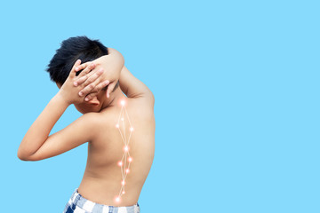 Asian kid with scoliosis, isolated on white background