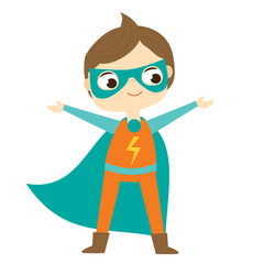 Superhero. Kid boy in fantasy comic costume