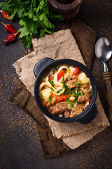 Traditional oriental uzbek soup lagman 