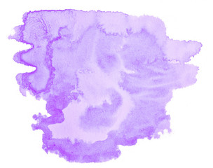 Lilac pastel watercolor hand-drawn isolated wash stain on white background for text, design. Abstract texture made by brush for wallpaper, label.