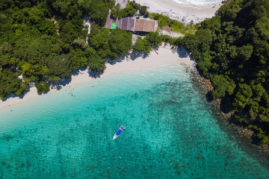 Aerial view from above of Twin Beach Mergui Island or Bruer island, seascape landscape view from the sky
