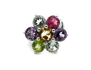 Ring with differet color gemstone on whit background