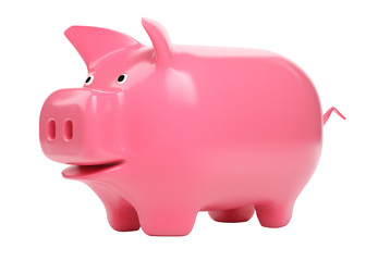 Pink shiny piggy bank isolated on white background. 3d rendering,