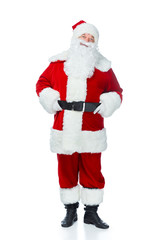 bearded santa claus posing in red costume isolated on white