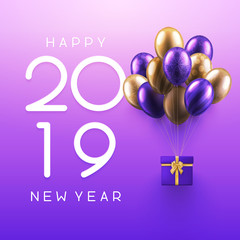 Fototapeta premium Happy New Year 2019 card with gift and colorful balloons.