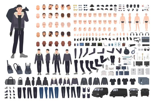 Thief, burglar or criminal creation set or DIY kit. Bundle of flat male cartoon character body parts in different postures, clothing and accessories isolated on white background. Vector illustration.