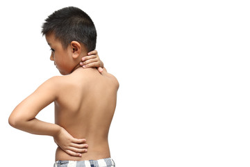 Asian kid with scoliosis, isolated on white background