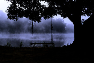 the swings under the big tree with dark light and mist  at surface of  water at river