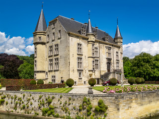 Spectacular view to the building of Schaloen Castle in Oud-Valkenburg, Province of Limburg, The Netherlands