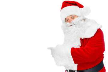 bearded santa claus pointing at something isolated on white