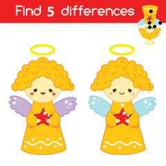 Find the differences educational children game. Kids activity sheet with angels. Christmas, New Year theme