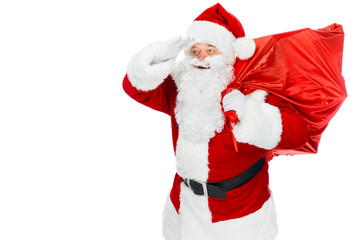 Fototapeta na wymiar bearded santa claus with red christmas bag looking away isolated on white