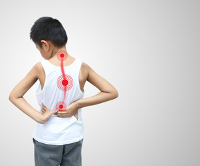 Asian kid with scoliosis, isolated on white background