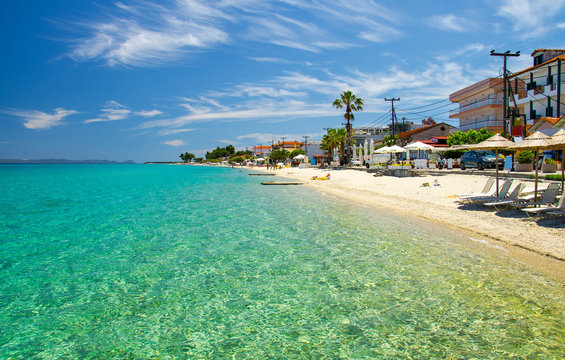 Sandy beach with blue paradise water, Halkidiki, Kassandra, Greece