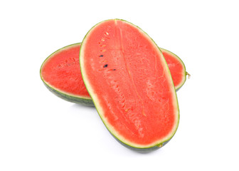 half cut watermelon with seeds on white background