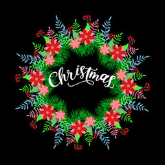 Merry Christmas calligraphy greeting card. Handwritten modern brush lettering. Hand drawn design elements. Vector illustration