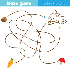 Maze game animals theme. Help rabbit find carrot. Activity for children and kids