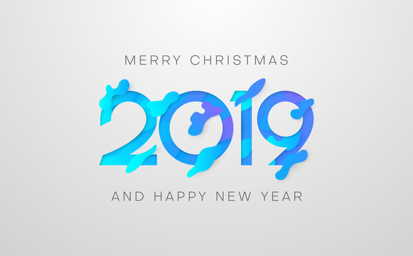 Merry Christmas and Happy New Year 2019 poster with blue figures.