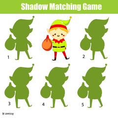 Shadow matching game. Kids activity with Christmas elf. New year theme fun page for toddlers