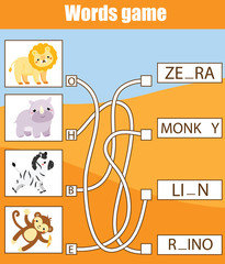 Educational game for children. Word maze activity. Learning vocabulary animals theme