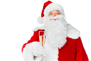 santa claus celebrating new year with champagne glass isolated on white