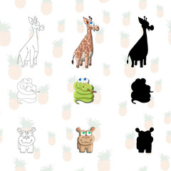 Children s drawing, animal characters.Giraffe, Hippo and snake isolated on seamless background.
