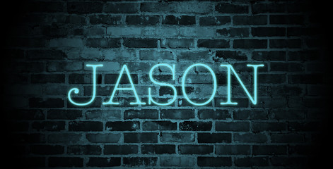 first name Jason in blue neon on brick wall