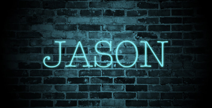 first name Jason in blue neon on brick wall