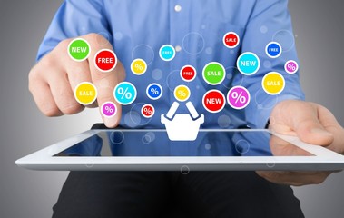 Businessman and tablet pc  with abstract business icon sketches