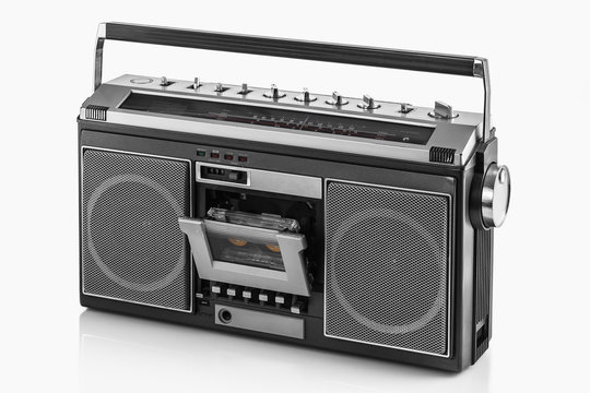 1980s Silver retro radio boom box on white background