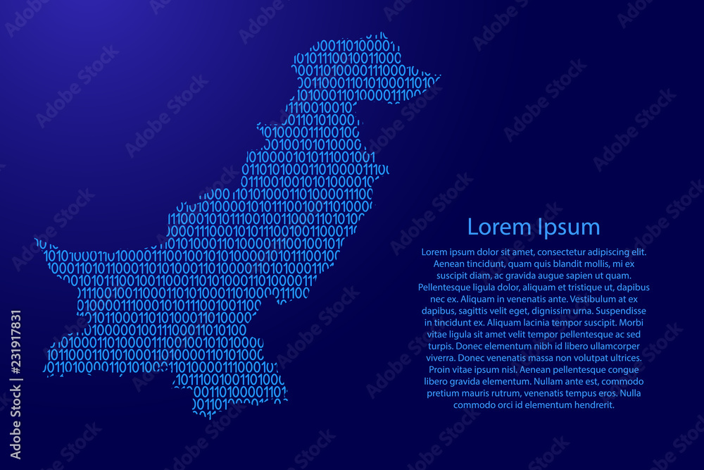 Poster pakistan map abstract schematic from blue ones and zeros binary digital code with space stars for ba