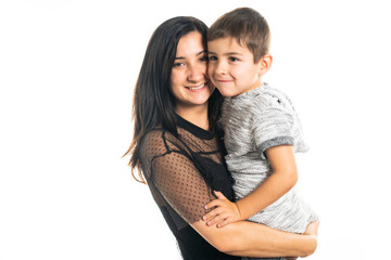 A mother and son on studio white background