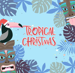 Fototapeta na wymiar Tropical Christmas poster with fun hawaiian mask and toucan. Merry Christmas greeting or invitation card. Editable vector illustration