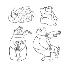 Set of line drawings in vector, greeting card, happy new year and merry christmas, polar bear, funny cartoon images