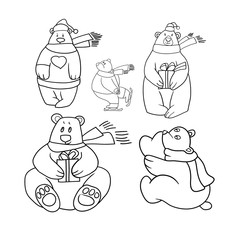 Set of line drawings in vector, greeting card, happy new year and merry christmas, polar bear, funny cartoon images